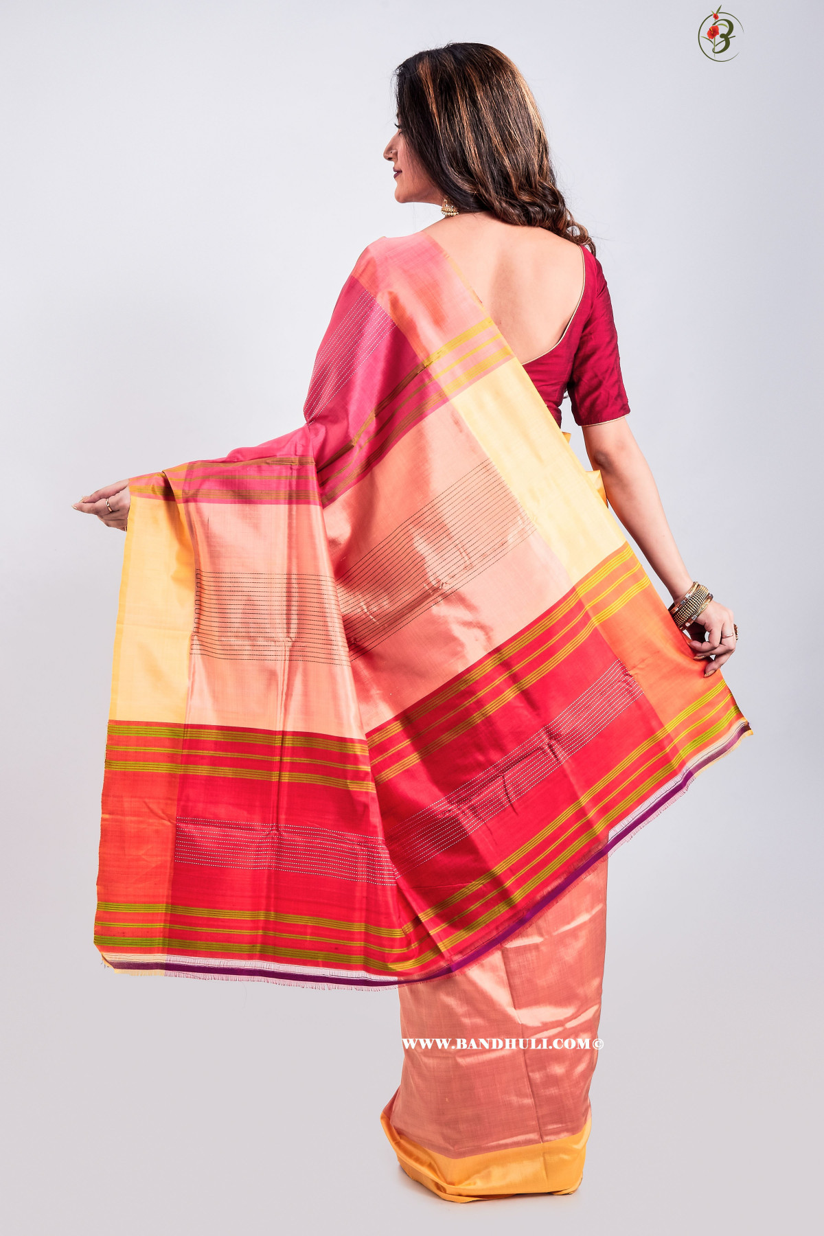 Peach & Brick red Color Patli Pallu Mulberry Silk Saree